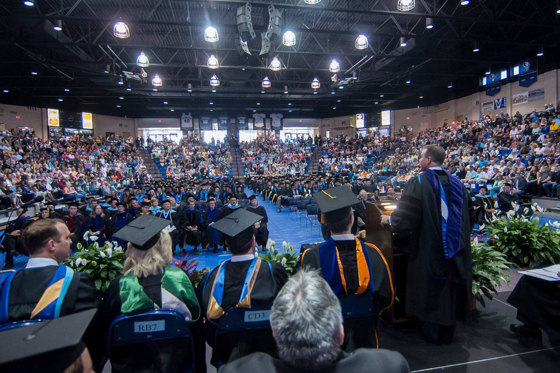 Graduating students and faculty members gathered in the Bloomer Sullivan arena for the Spring 2016 commencement ceremonies. Photo courtesy of Dan Hoke via the Southeastern Oklahoma State Facebook page.