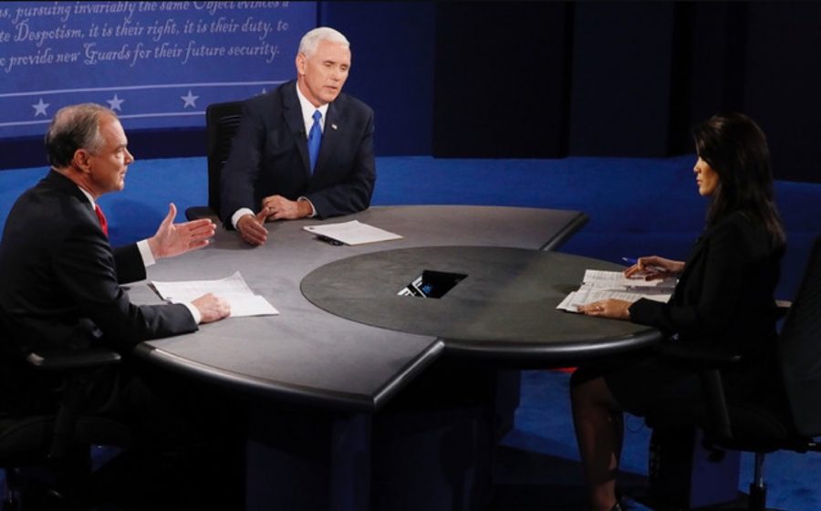 Kaine and Pence discuss hard hitting issues during the vice presidential debate moderated by Elaine Quijano (Photo courtesy of review journal.com)
