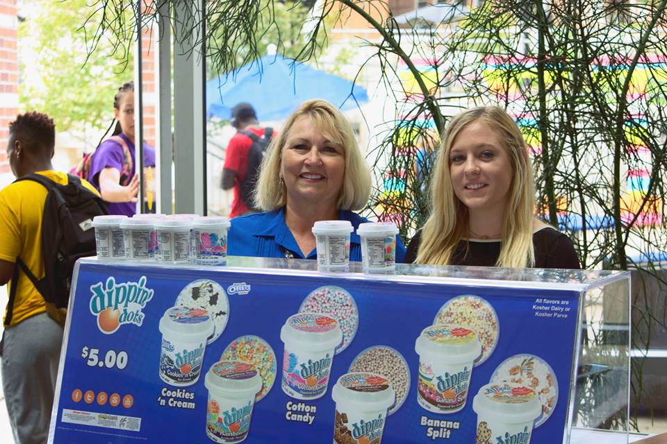 Career Management employees, Kay Barber and Ashley Teafatiller, served free Dippin Dots to students in the Student Union during Welcome Week.