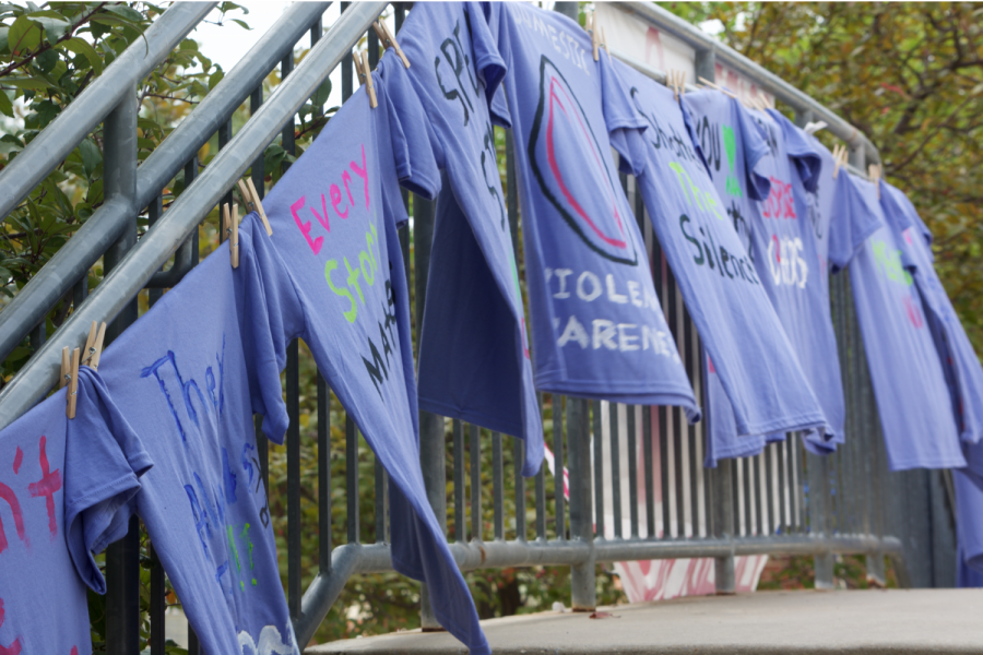 Purple shirts, representative of the color of the Domestic Violence  awareness ribbon, were hung in front of the Student Union for all to see in October 2017.