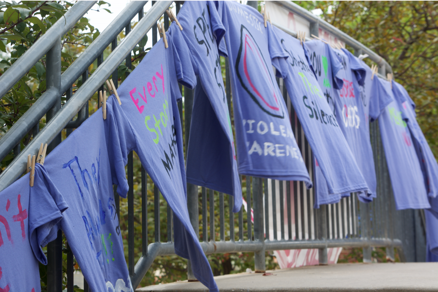 Purple shirts, representative of the color of the Domestic Violence awareness ribbon, were hung in front of the Student Union for all to see.