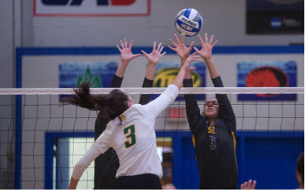 Southeastern volleyball player, Hallie Smith, attempts to block a hit by Arkansas Tech.