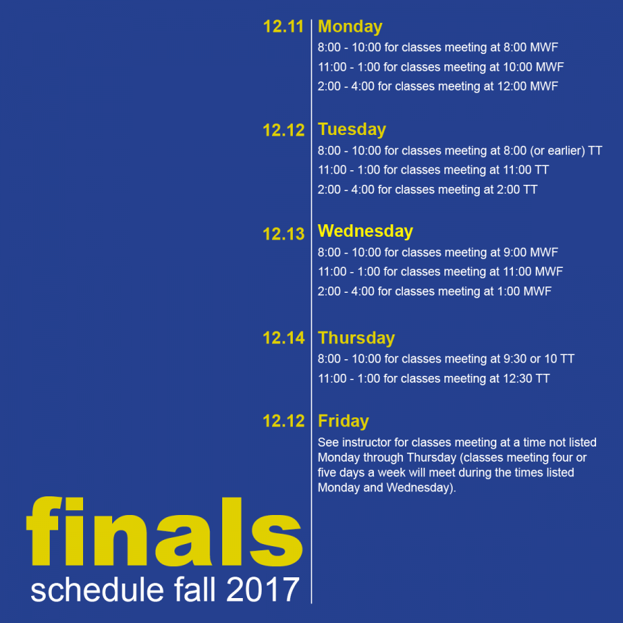 Here is the schedule for Finals week. Dont miss out on all the activities to keep you stress-free and in the zone for finals.