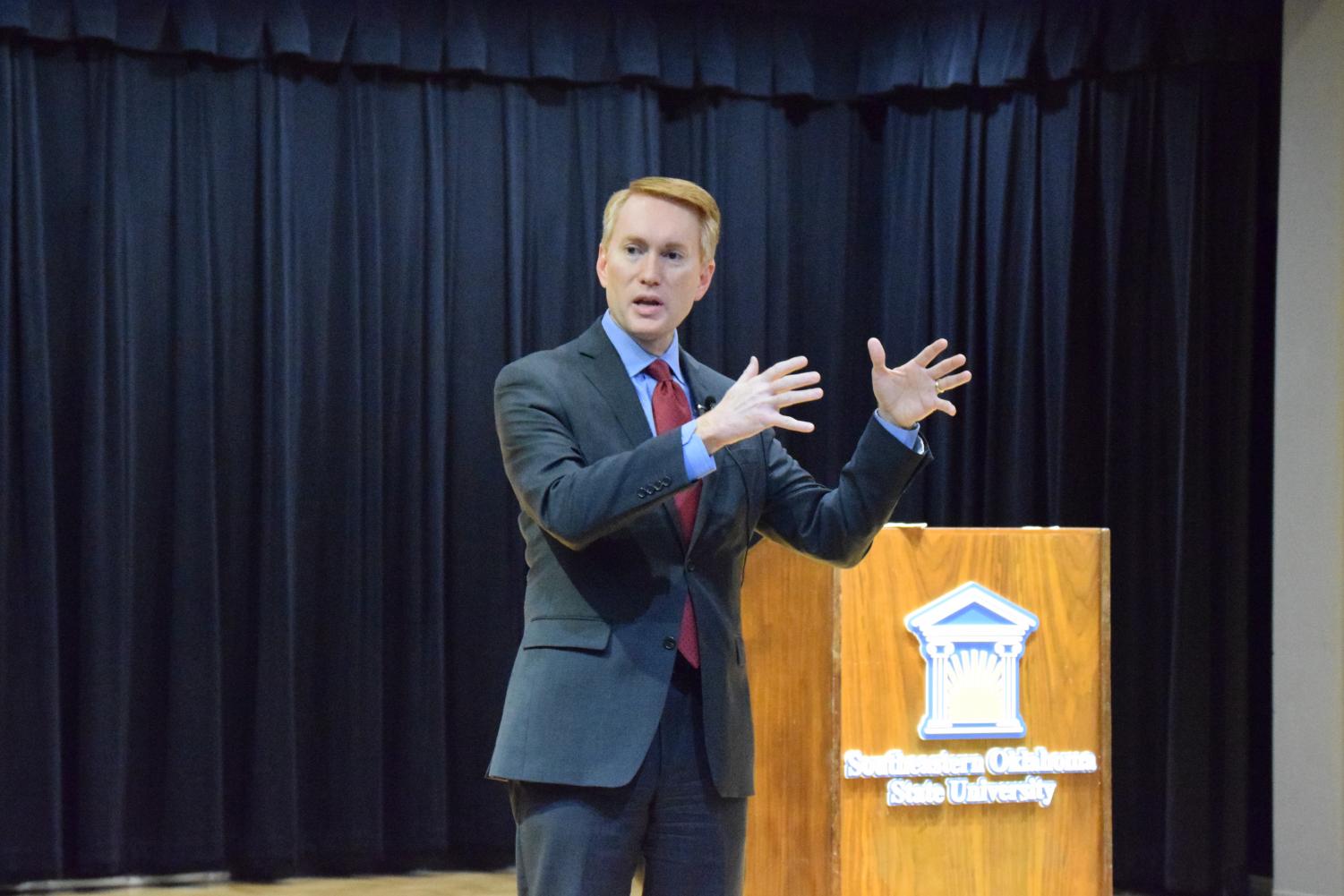 Senator James Lankford speaks to Southeastern students, faculty and staff in the Fine Arts Recital Hall on February 21. Lankford addressed issues of concern in the United States Senate.
