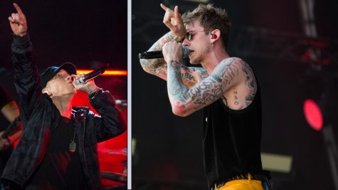 Left: Eminem performs during The Concert for Valor in Washington, D.C.
https://creativecommons.org/licenses/by/2.0/deed.en
Right: MGK holds up his signature symbol.
https://creativecommons.org/licenses/by-sa/3.0/de/deed.en