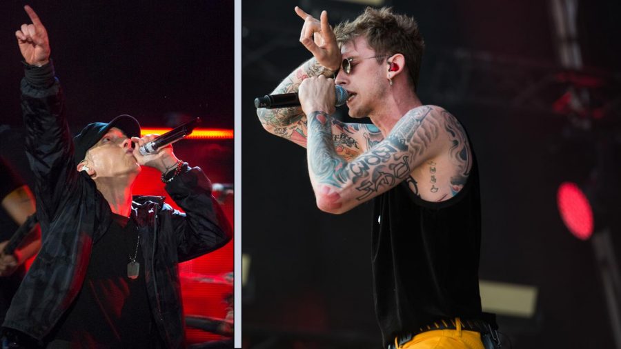 Left: Eminem performs during The Concert for Valor in Washington, D.C.
https://creativecommons.org/licenses/by/2.0/deed.en
Right: MGK holds up his signature symbol.
https://creativecommons.org/licenses/by-sa/3.0/de/deed.en
