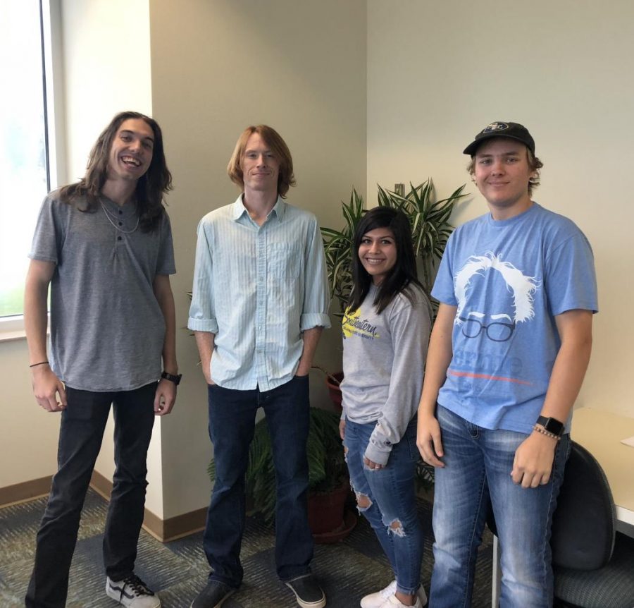 Left to right: Daniel Citty(senior history major), James Sutton (senior history and political science major), Nynnett Gonzalez (junior history major), and Nathan Bass (senior CIS major).