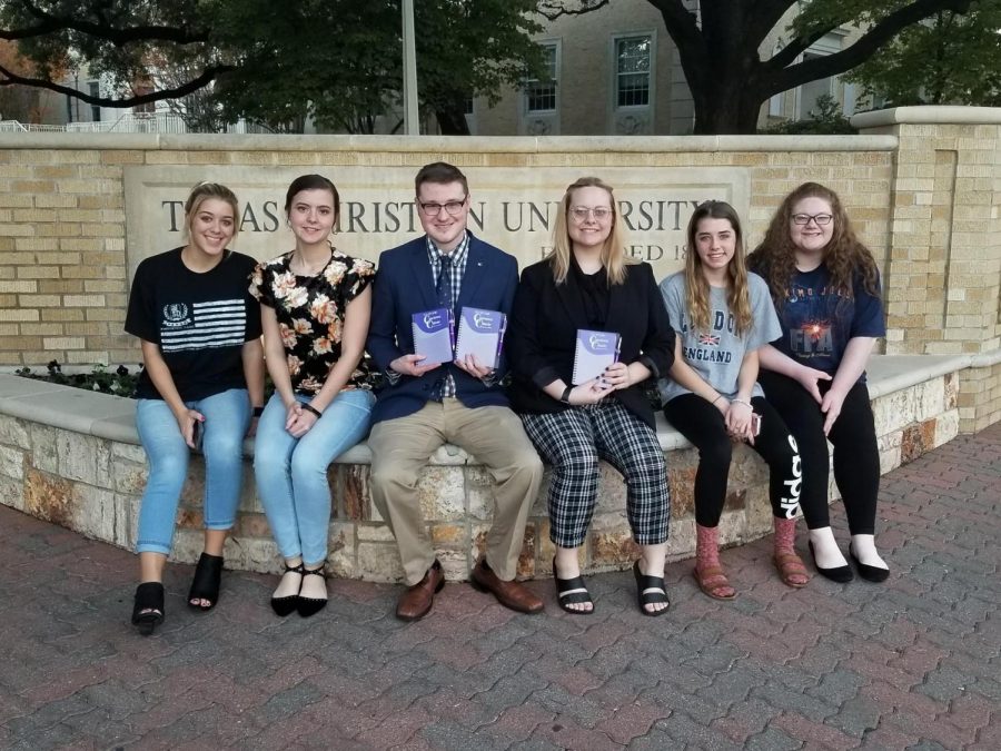 The+Speech+and+Debate+Association+traveled+to+Fort+Worth+Oct.+26-28+for+Cowtown+Classic+Speech+and+Debate+tournament.+Left+to+Right%3A+Emily+Wheeler%2C+Raegan+Benson%2C+Jacob+Morrison%2C+Hannah+Nunley%2C+Jillian+Parsons%2C+and+MacKenzie+Trammell.