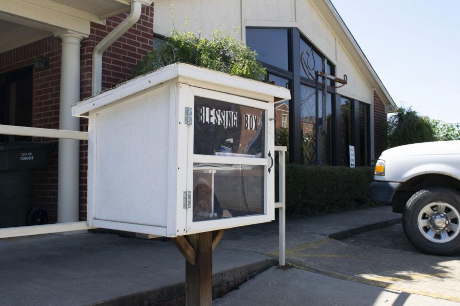 The front of the Wesley Center Blessing Box says, “Take what you need... leave what you can.” It is open to anyone in need 24 hours a day and located outside the on-campus Wesley Center on University and Fourth Street.