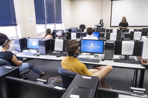 5,339 students represent the largest enrollment in SE history. This classroom is an example of one of the many that have been modified to social distancing standards. The increase in students has meant a greater need for creativity in this area.