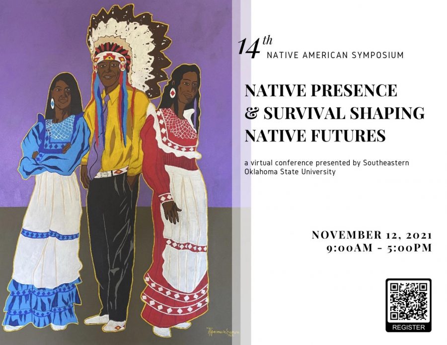 Scan the QR code to register for the 14 biennial Native American Symposium. Artwork was created by the keynote speaker,  Eric Tippeconnic.