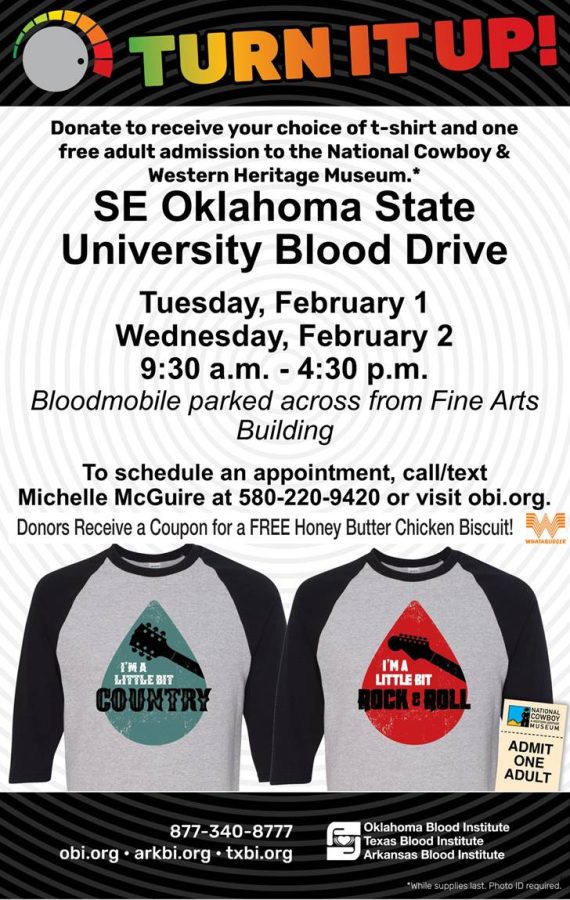 The Bloodmobile will be on campus Tuesday, Feb. 1 and Wednesday, Feb. 2 from 9:30 a.m. to 4:30 p.m.
